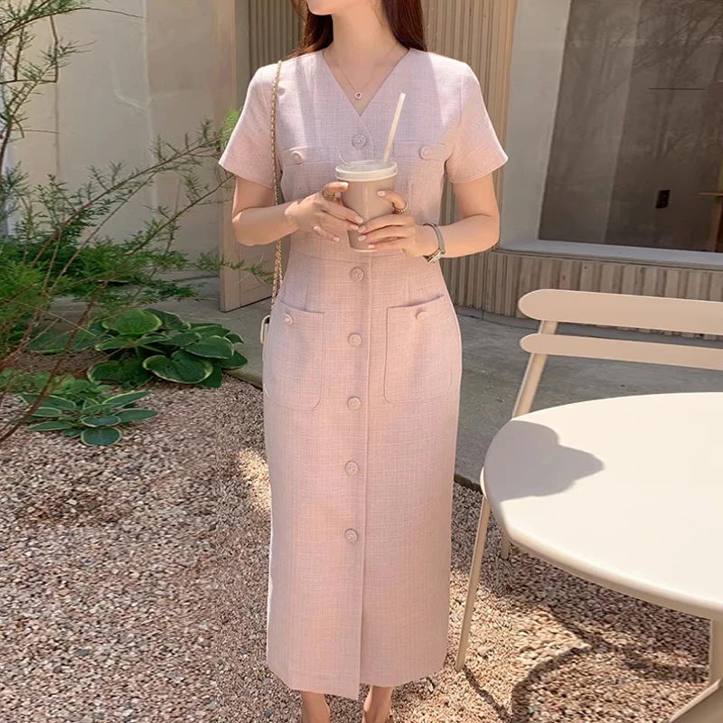 Pink Woolen Dress Women\'s Summer Slim Fit Long Dress with Double Pockets High Waist Design Commute Style Short Sleeve V-Neck
