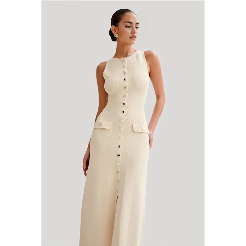 ABP-robe longue en tricot pour femmes, sans manches, simple boutonnage, fente, col rond, pull, moulante, été