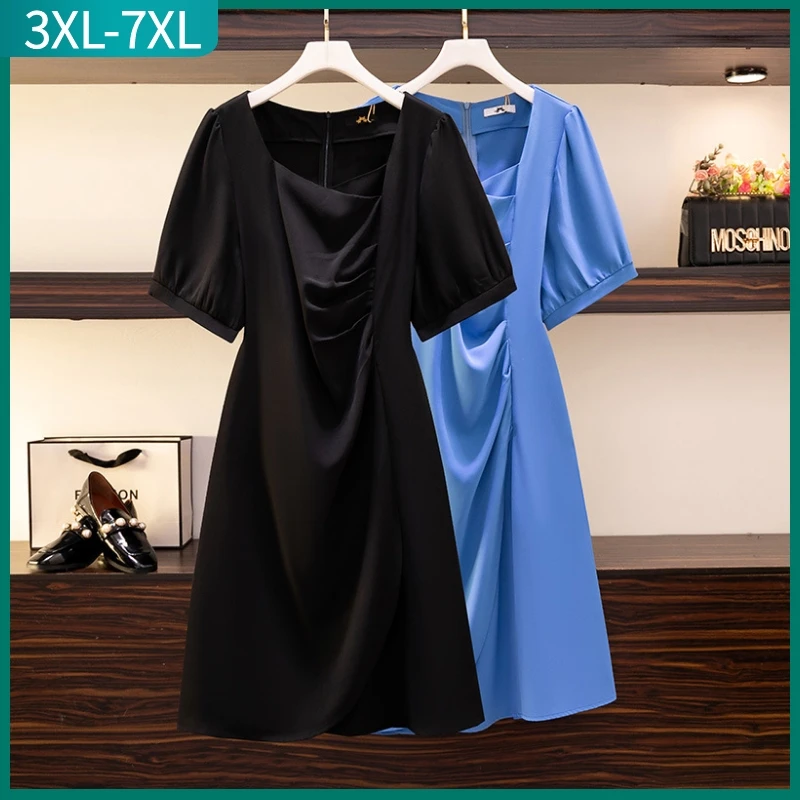 

New 2023 Summer Plus Size Dress For Women Large Size Loose Short Sleeve Fold Blue Black Midi Dress 3XL 4XL 5XL 6XL 7XL