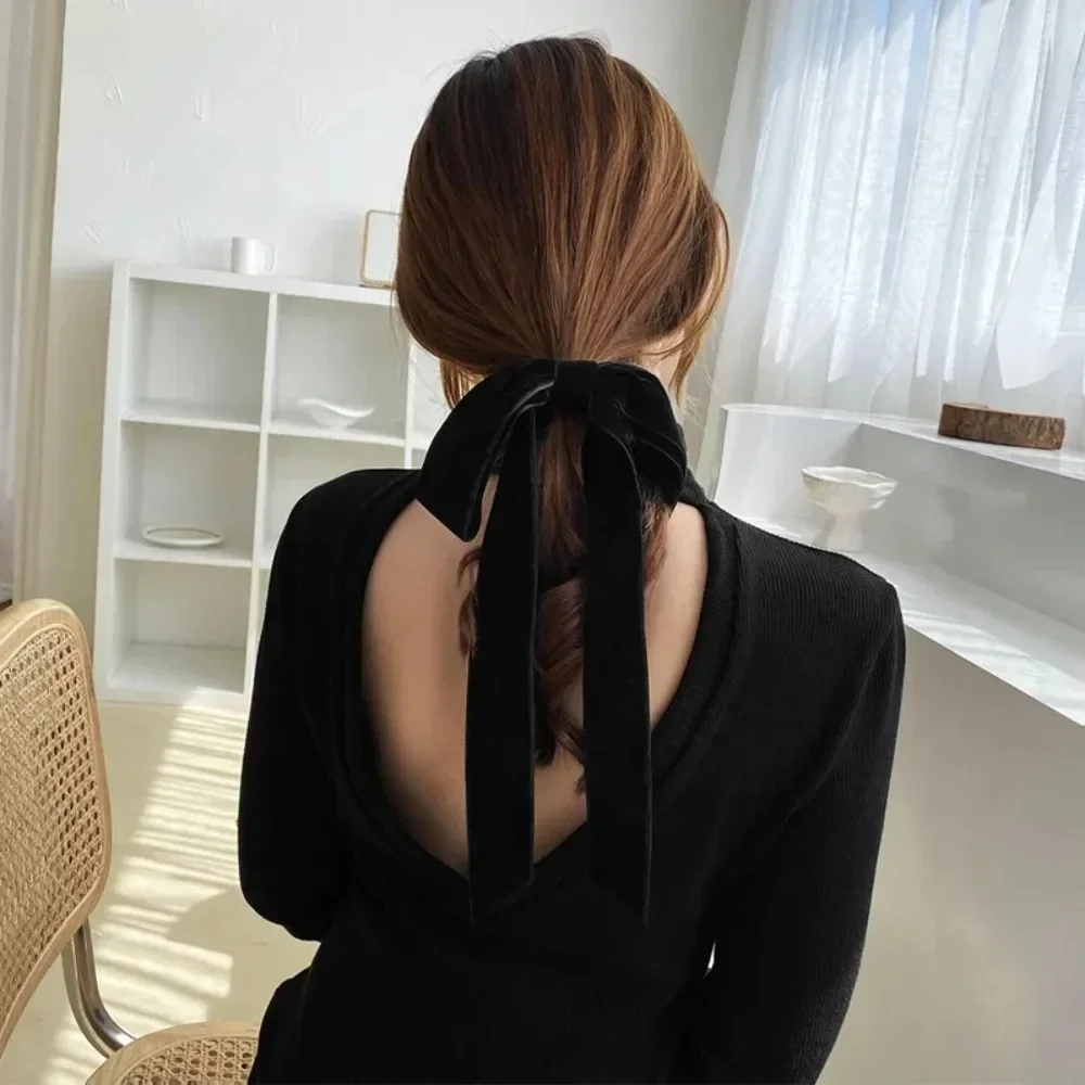 Fashion Vintage Black Velvet Bow Hair Ribbon Scrunchie for Women Girls Long Elastic Hair Tie Headwear Female Hair Accessories