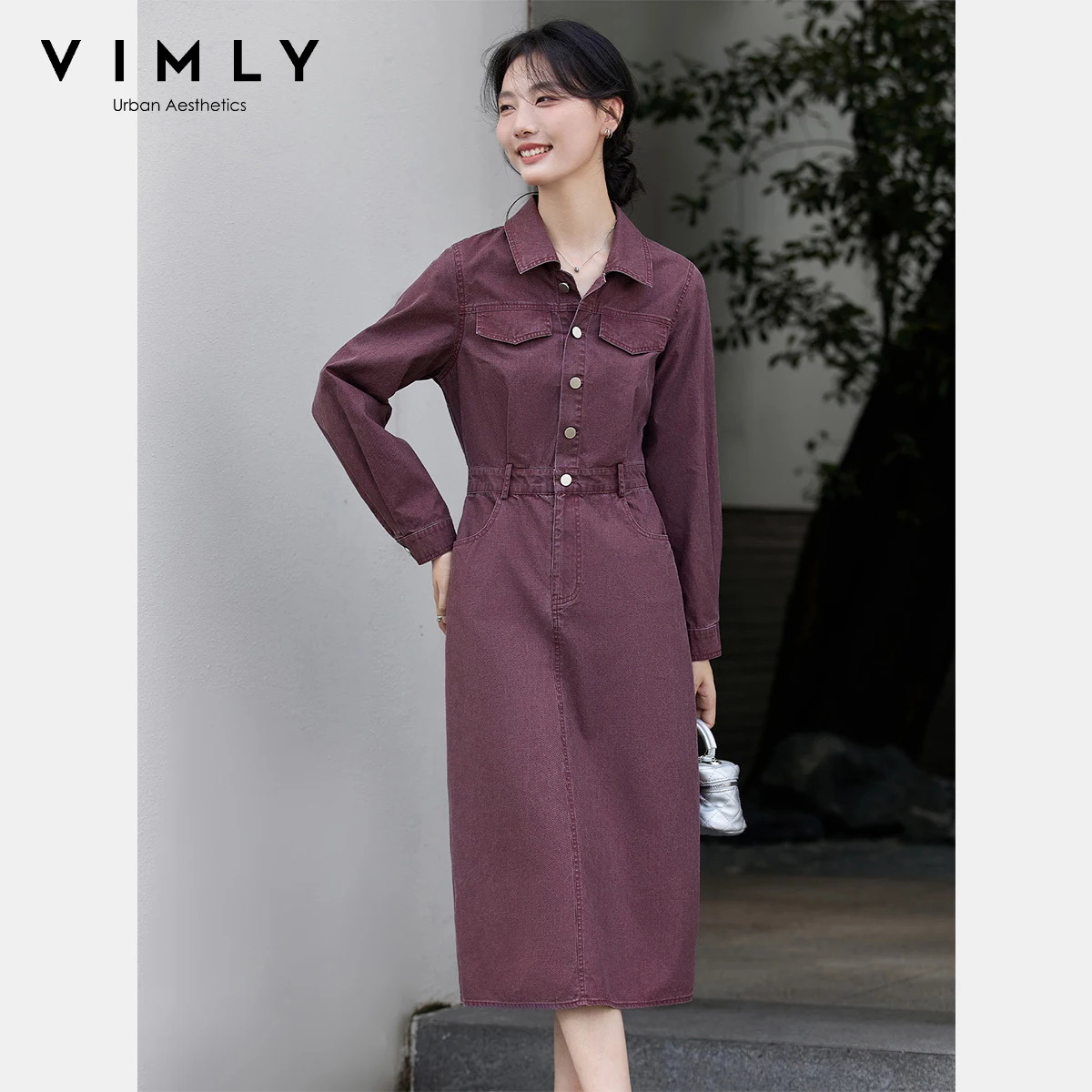 VIMLY Women's Purple Denim Dresses Casual Pure Cotton Turn-down Neck Ladies Maxi Dress Autumn 2025 Straight Button Dress A2891