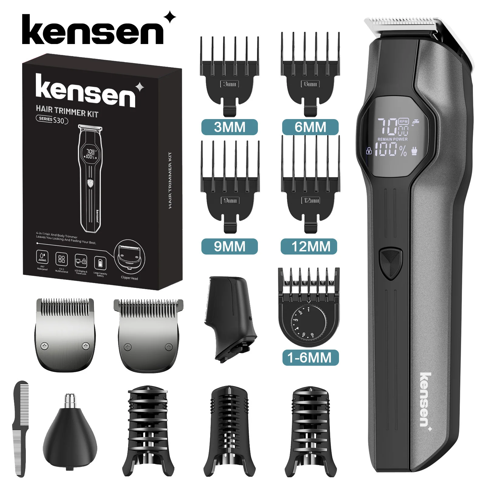 Kensen S30 Electric Hair Clipper Men's Beard/Nose Trimmer Rechargeable Cordless Hair Cutting Machine 4 in 1 Grooming Kit Barber