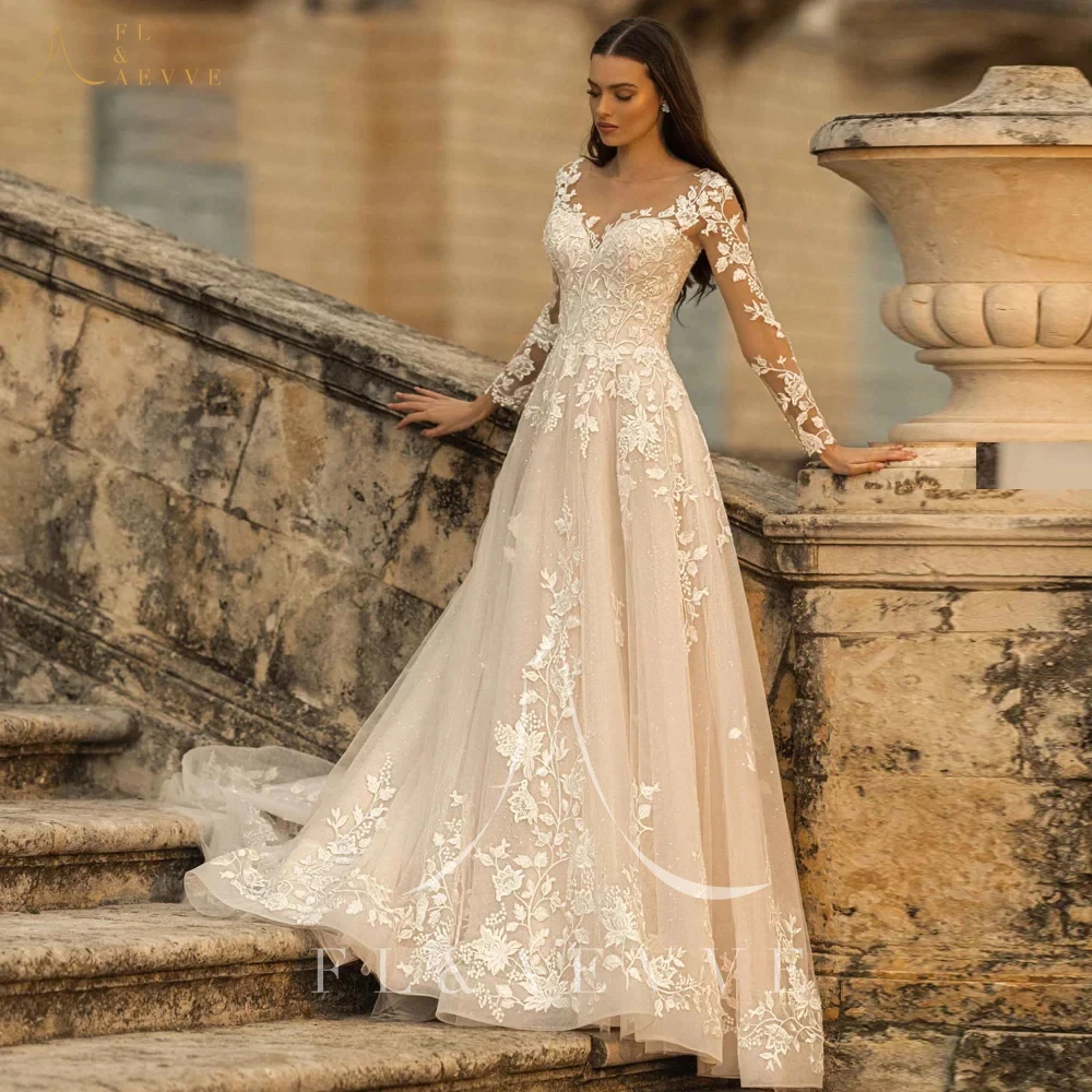 

Bohemian Elegant Wedding Dresses A-Line Long Sleeves Beach Bride Gowns Lace Up robe de mariée bohème Appliques Abendkleider