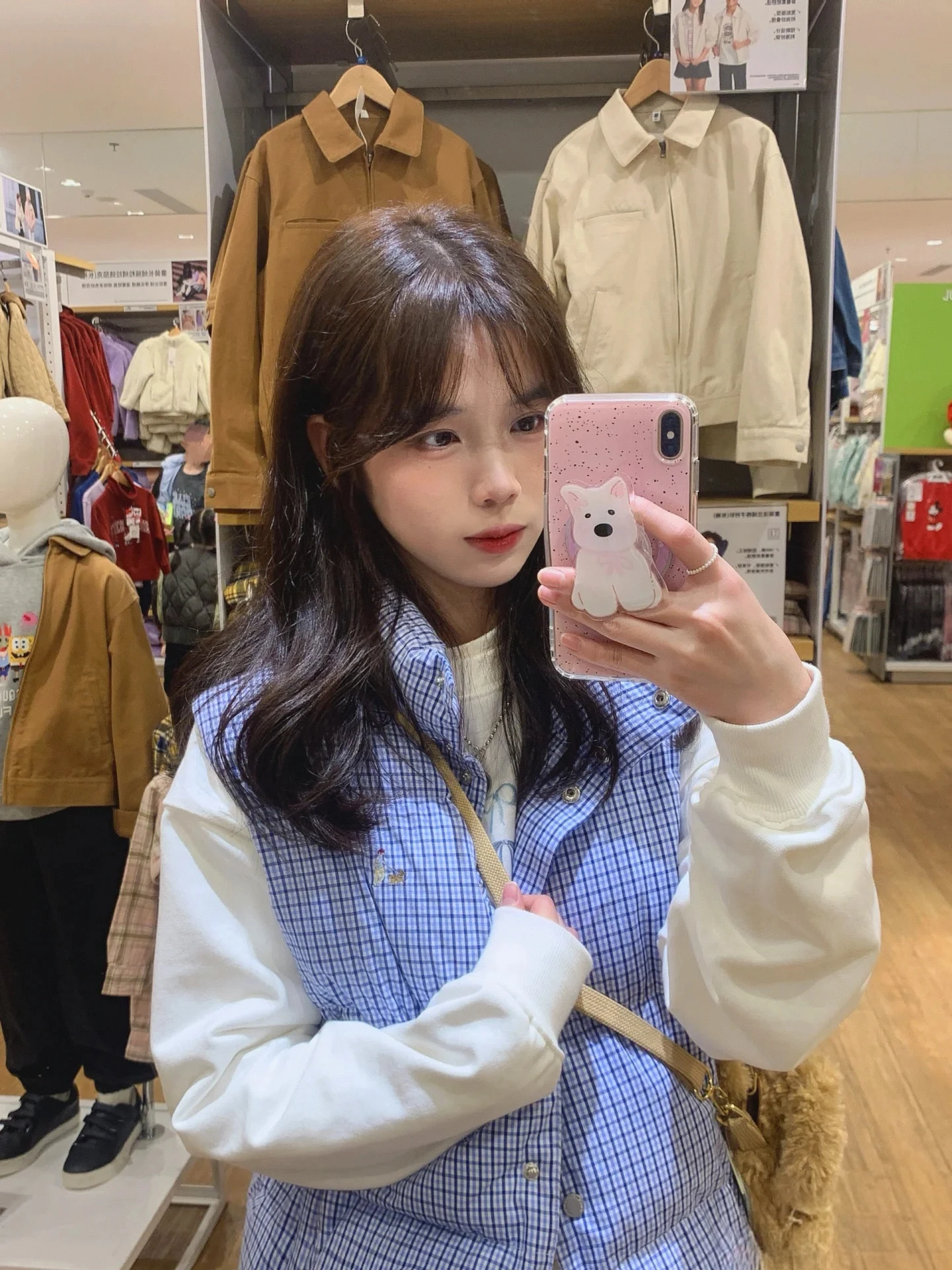 한국 슬레 여성용 체크무늬 강아지 산책 자수 조끼 따뜻한 슬림 아우터웨어 패셔너블 출퇴근 슬레 코튼 셔츠