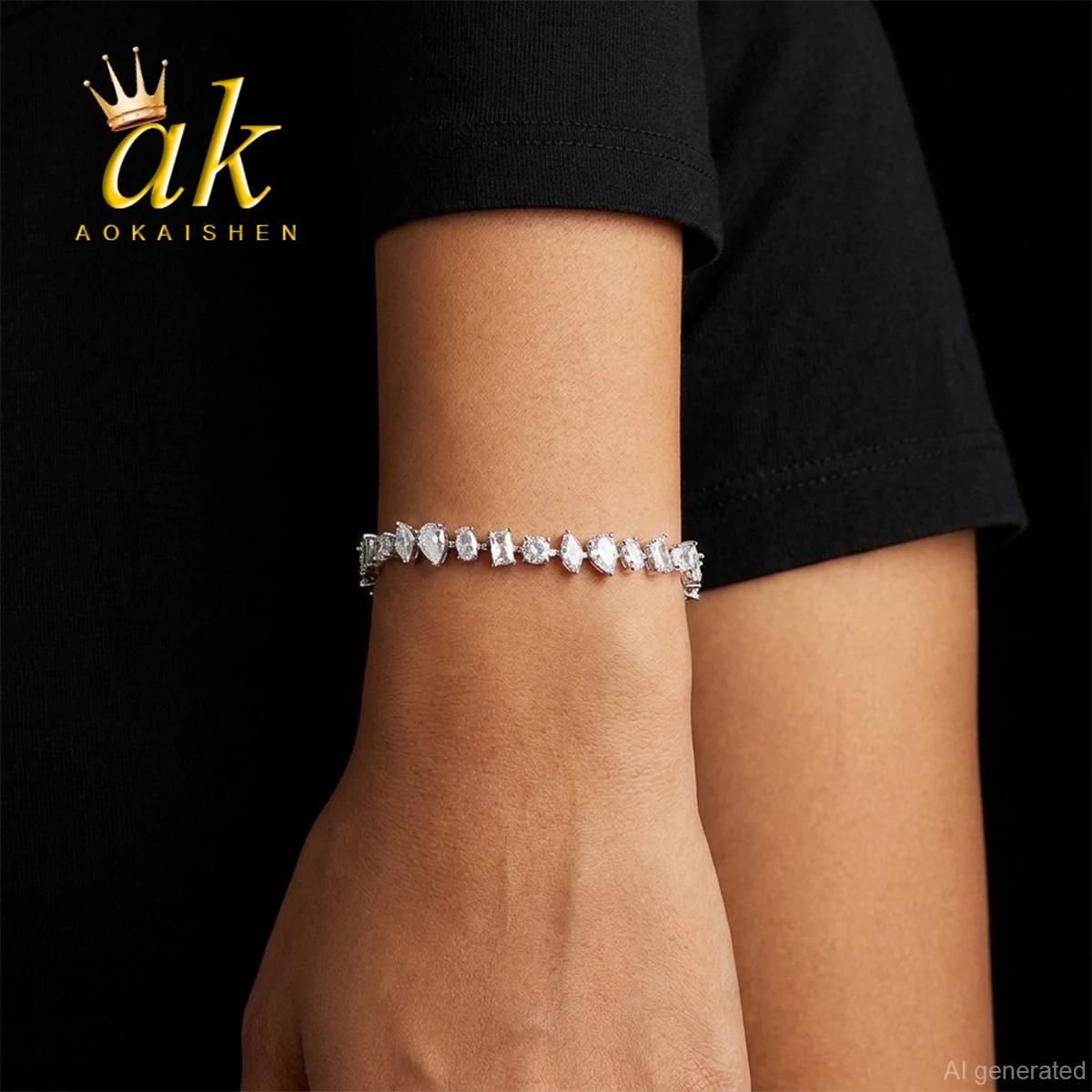 Aokaishen Iced Out Irregular Bracelet for Men 5A Cubic Zirconia Real Gold Plated Hip Hop Jewelry
