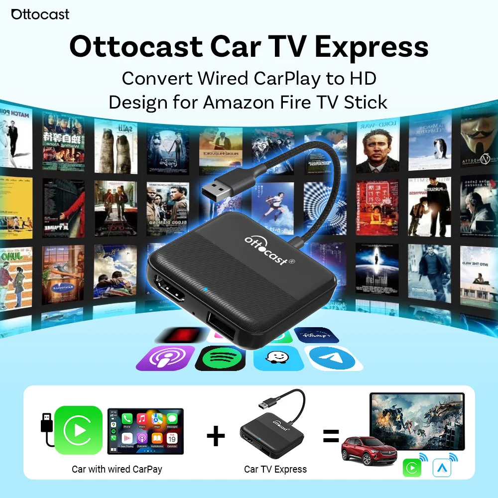 Ottocast Car TV Mate Max Express 4 IN 1 Wireless CarPlay Android Auto Wired DisplayPort Device Screen Mirroring TV Stick for Car