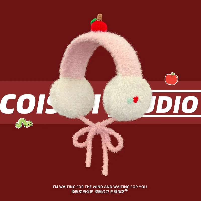jolies-oreillettes-moelleuses-a-motif-cerise-pour-femmes-couleurs-douces-oreillettes-en-peluche-design-avec-nœud-papillon-couvre-oreilles-d'hiver-pour-activites-de-plein-air