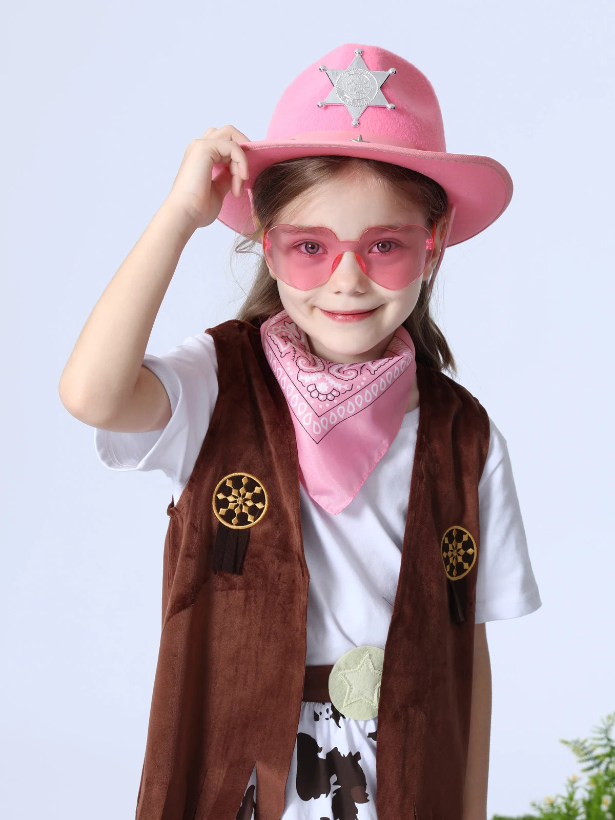 Chapéu de cowgirl rosa para meninas, chapéu de cowboy com bandana, óculos, boné de princesa ocidental, acessórios para fantasia de festa de aniversário