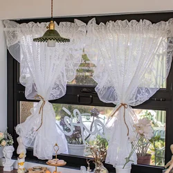 White Lace Sheer Short Curtains for Cafe Kitchen Farmhouse Princess Valance Tier Delicate Ruffled Partition Drapes, 2PCS White