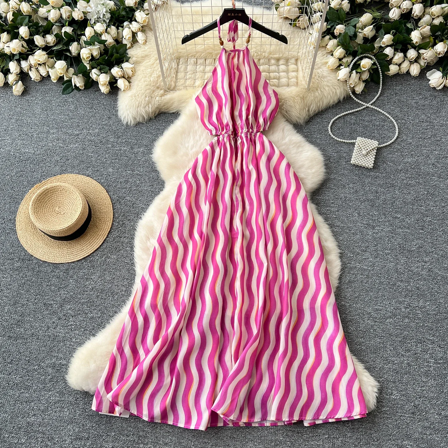 

Sexy Halter Vintage Striped Hotsweet Sleeveless Fashion Backless Slim Slip Long Dress French Vacation High Street Women Clothing
