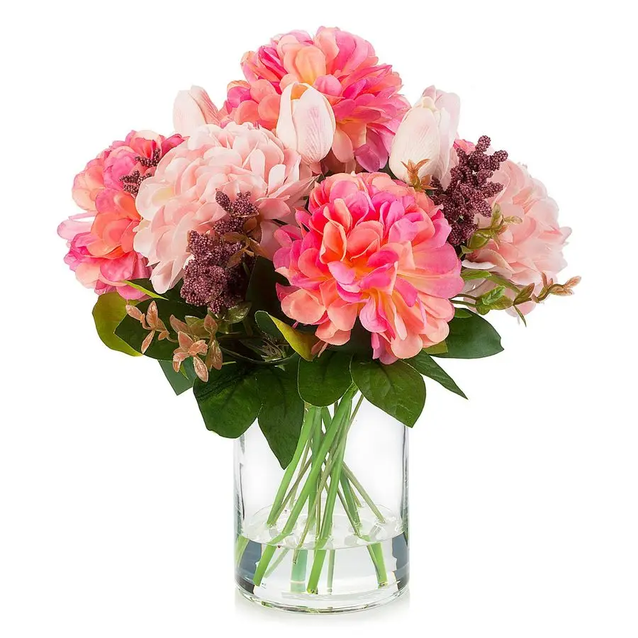 

Tulip Real Touch Artificial Flower Arrangement with Vase, Mixed Dahlia Silk Flower in Vase for Dining Table Decorations, Wedding