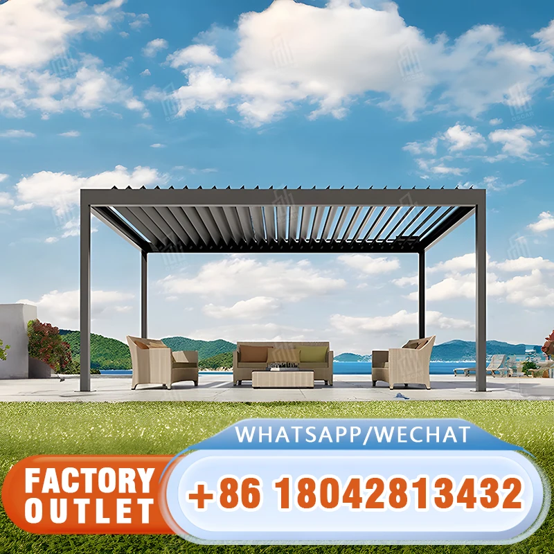 type-175 Customized Outdoor Retractable Aluminum Pergola Adjustable Louvered Roof Waterproof Garden Motorized Pavilion & Gazebo