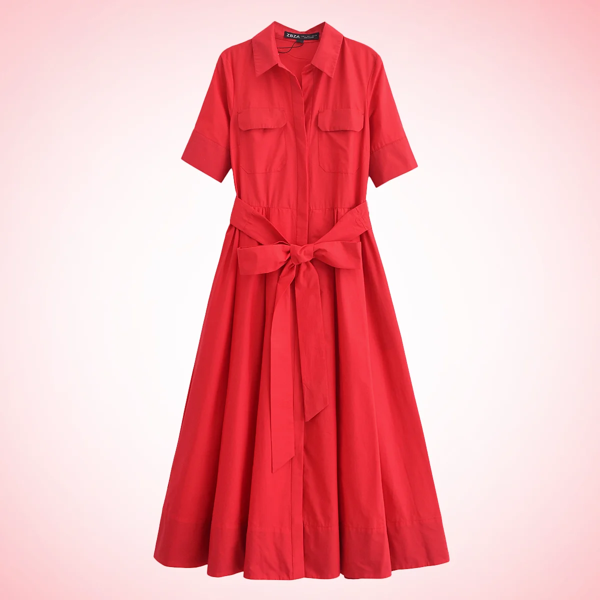 Frauen Elegante Rote Gürtel Kleid Revers Tasche Langes Kleid Neue Frühling Sommer High Street Romantische Casual Ferien Kleid