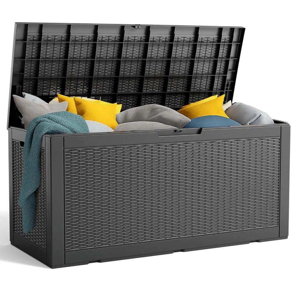 

Ящик для террасы из смолы, запираемый ящик для хранения уличной мебели для патио, хранения садовых инструментов и инструментов, водонепроницаемый снаружи