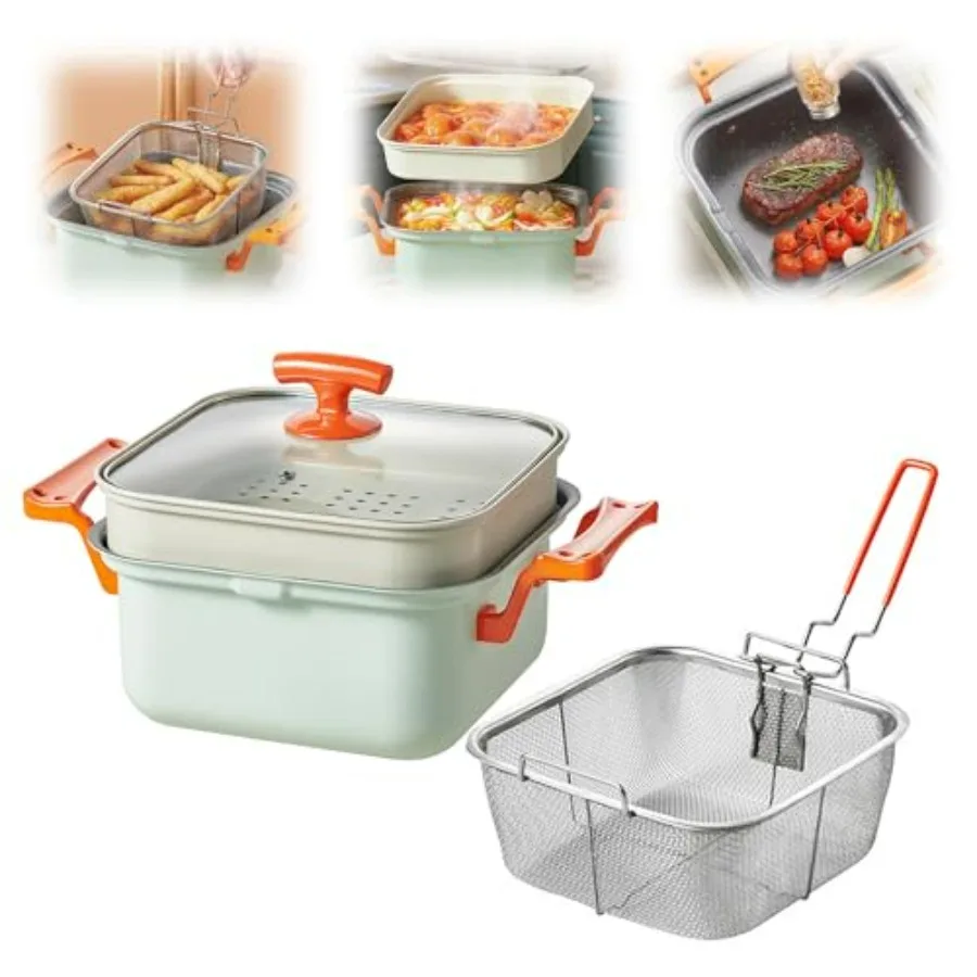 

4.5L Nonstick Maifan Stone Coated Deep Fryer Steamer Pot with Glass Lid and Metal Rack Easy-Clean Black Multi-Functional Fry St