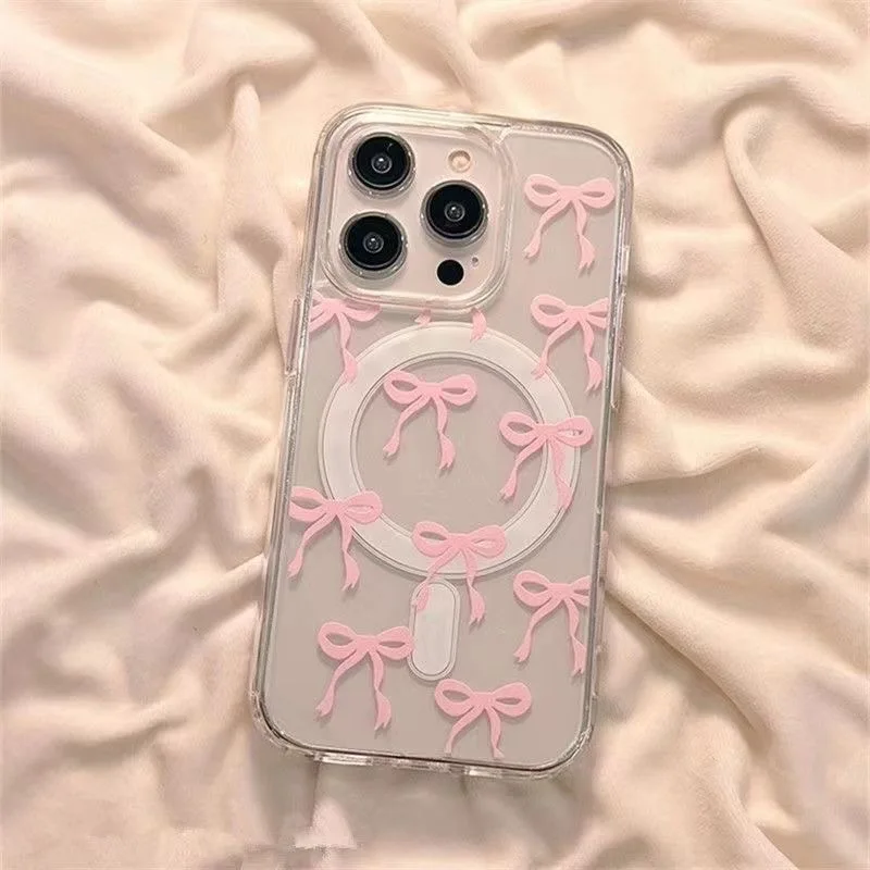 Pajarita rosa magnética para Funda transparente Magsafe para IPhone 16 16E 15 Plus Funda IPhone 11 13 12 14 Pro Max Funda