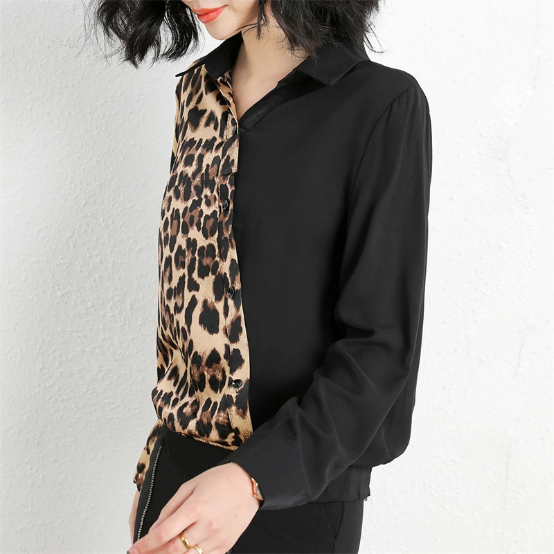 2024 Spring Autumn Women Fashion Leopard Print Patchwork Asymmetrical Shirts Vintage Elegant Chic Blouses Long Sleeve Loose Tops