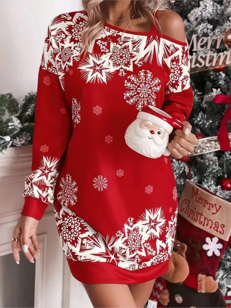 

Autumn Winter Fashion Midi Dress For Women Christmas Snowflake Print Long-sleeved Off-shoulder Elegant Pullover Dress Robe Femme