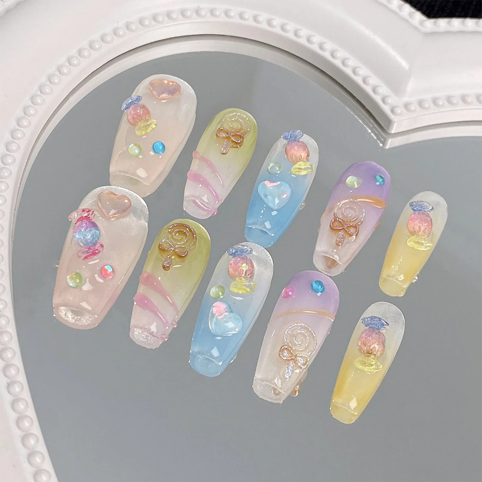 

Handmade Press on Nails Sweet Colorful Candy Crystal Fake Nails for Girls Wearable Detachable Korean Cute Style Press on Nails