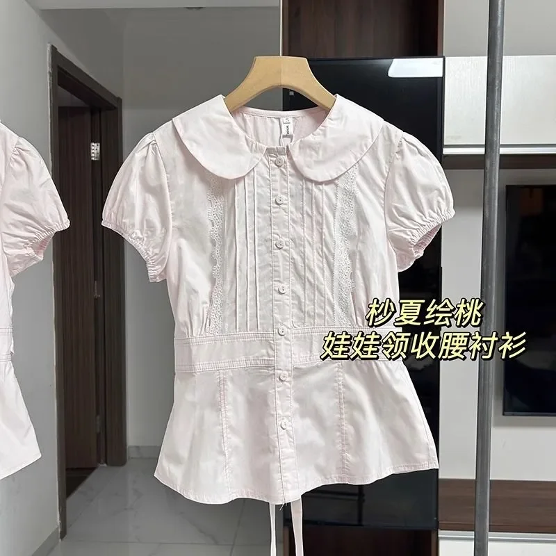 Women's Light Pink Peter Pan Collar Short-Sleeve Blouse With Drawstring Waist Design