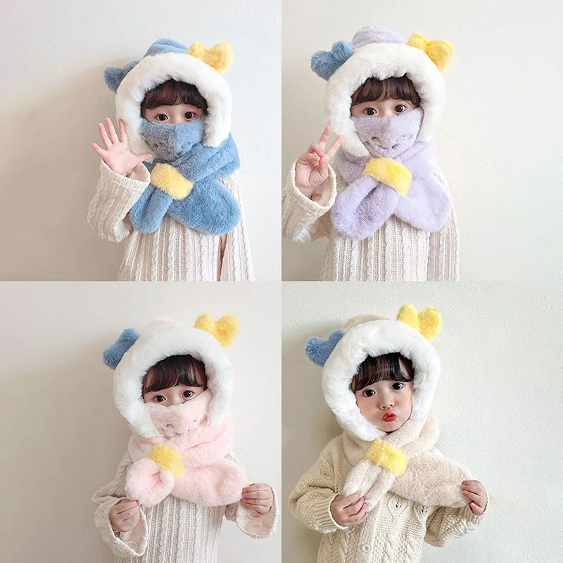 Plush Scarf Hat Autumn Winter Cute Children Cartoon Scarf Masked Hood Cap Double Fleece Warmth Boy Girl Kids Baby Hat