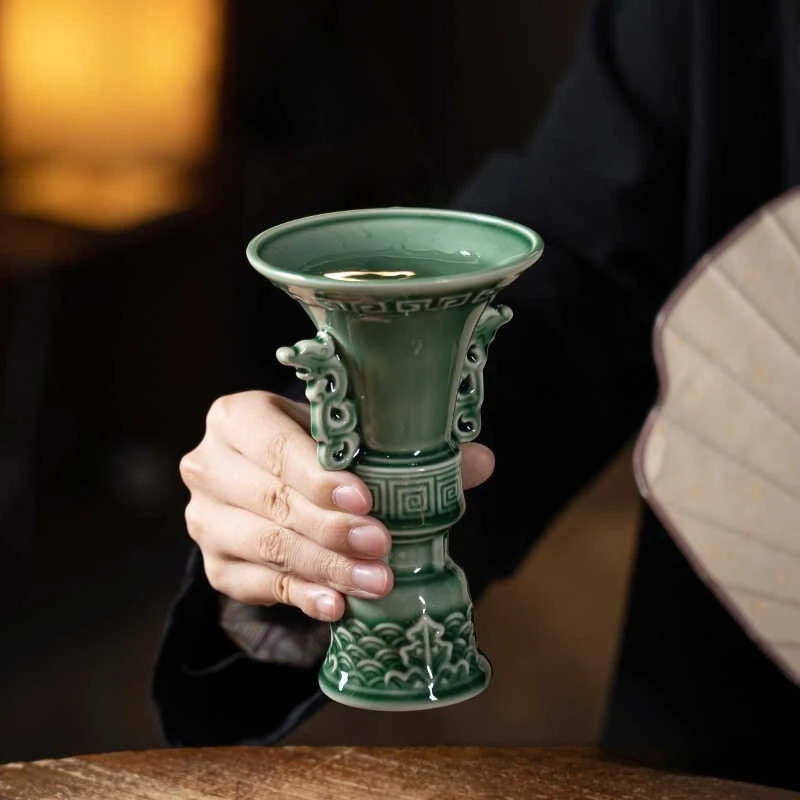Copa de Cerámica Antigua Estilo Celadón, Gran Capacidad, Creativa, para Vino, Frutas y Aperitivos, Decoración de Mesa Estilo Imperial