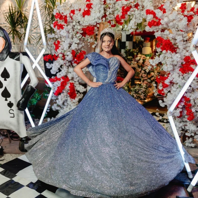 Simple Gradient Blue Dresses off-shoulder Glitter Crystal Gem Decal Long tail Vestido De 15 Quinceanera Customize