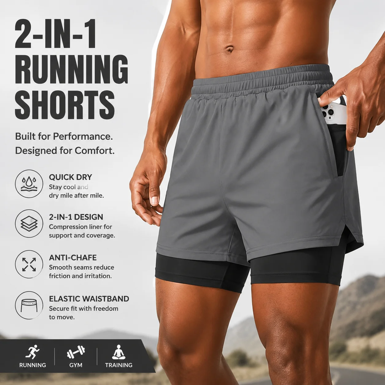 Premium Men's 2-in-1 Running Shorts Quick Dry Lined Gym Workout Shorts with Drawstring Waistband Anti-Chafe Compression Inner La