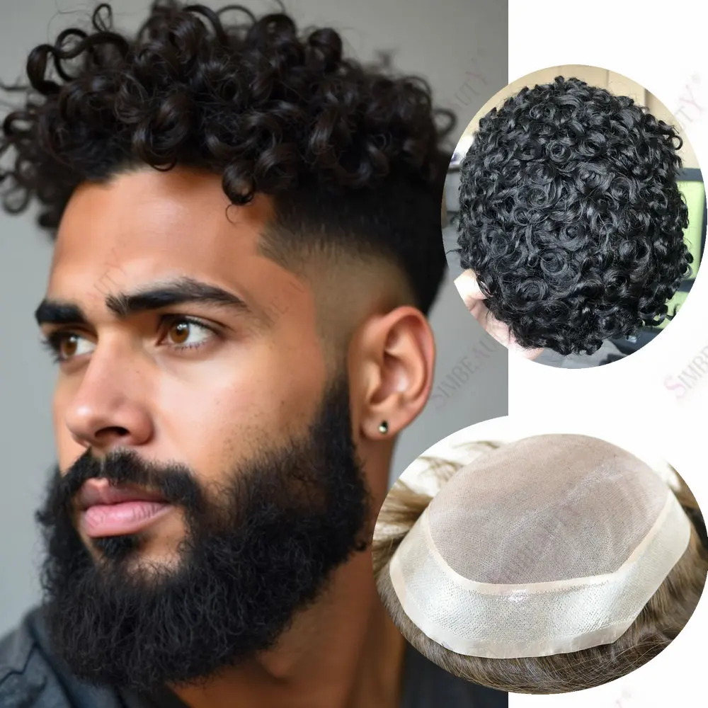 

Супер прочный моно полиуретановый базовый 18 мм вьющийся коричневый черный мужской парик человеческие волосы парик мужской капиллярный протез замена блока для мужчин