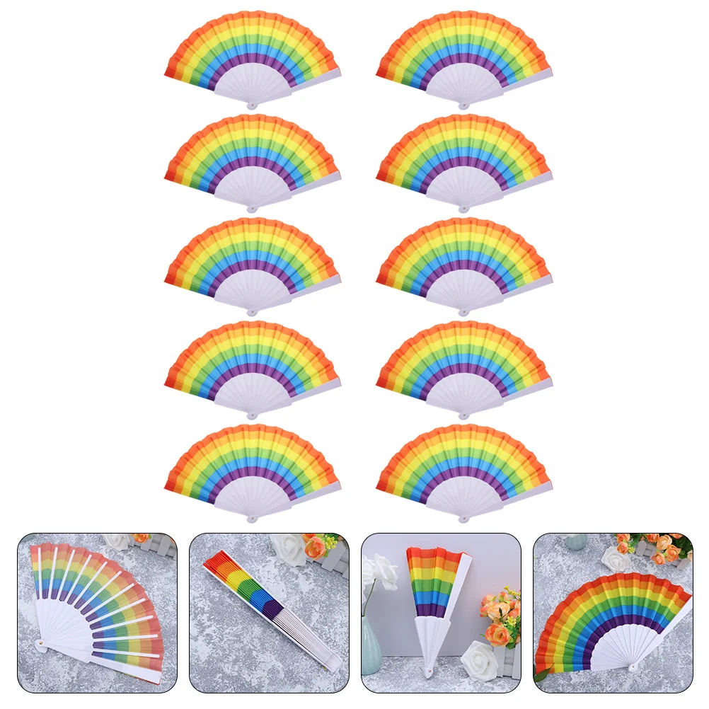 10 Pcs Handheld Rainbow Folding Fans Handheld Miss Fans Handhelds Dancing Cloth Creative Stage Performance