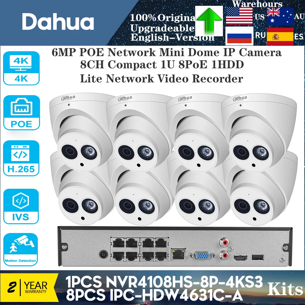 Original Dahua IPC-HDW4631C-A 6MP Built-in mic IR security cctv Dome Camera 8CH 8POE 1HDD NVR4108HS-8P-4KS3 Kits