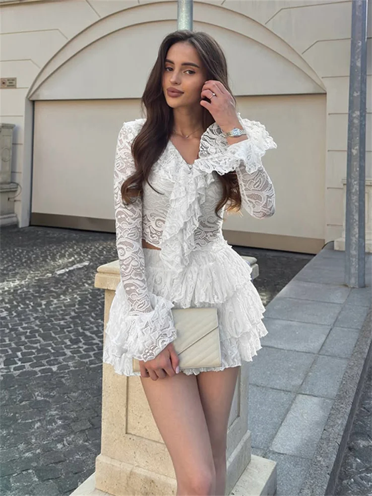 Nibber Slim Sexy Jacquard Conjunto de 2 peças para mulheres com babados elegantes com decote em V + Skits de bolo em Tierred para festas de outono e meia noite