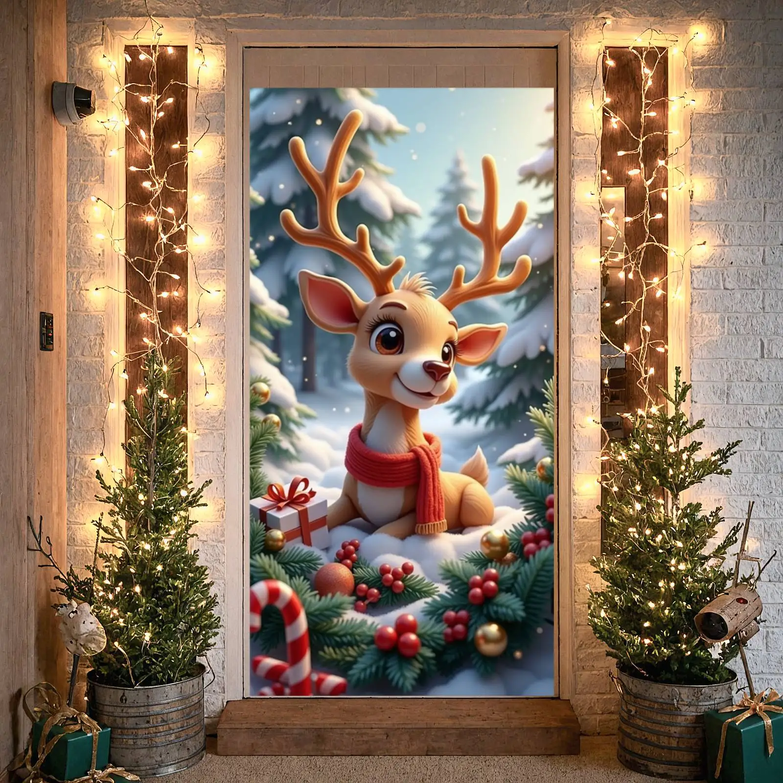 Christmas Banner Christmas Tree Snowy Forest Display Holiday Background Gold Ornaments Reindeer Display For Holiday Photoshoot