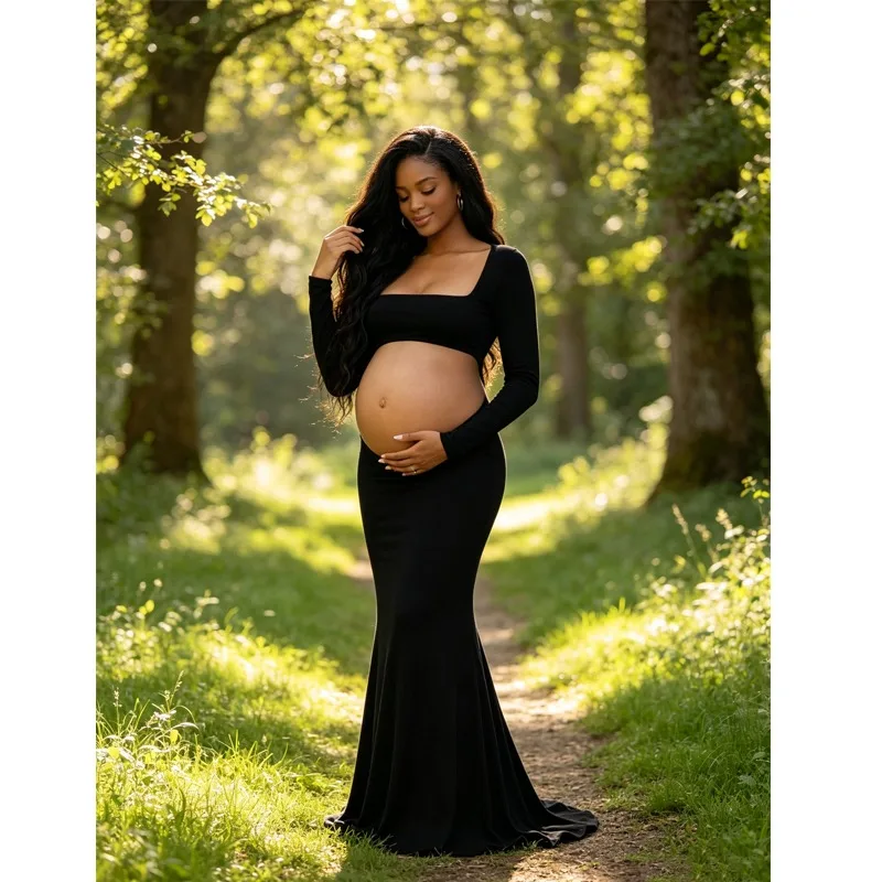 Maternity Photoshoot Long Mermaid Dress, Square Neck Cut Out Belly Open Back Pregnancy Gown, High Elastic Slim Maxi Dress view 4