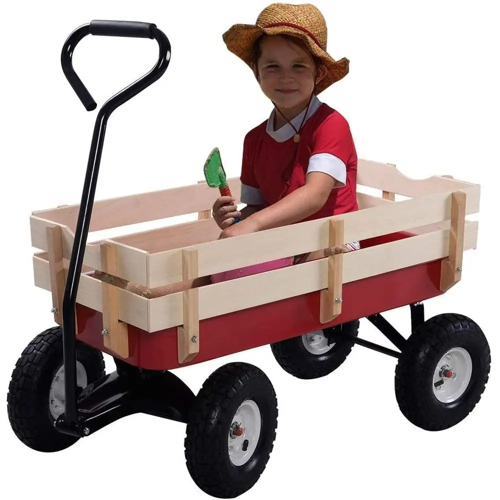 

Garden Cart with ree-Rotating Wood Railing, Kids Outdoor Wagon with Rubber Wheels, All Terrain Cargo Wagon with 330lbs Weight ac