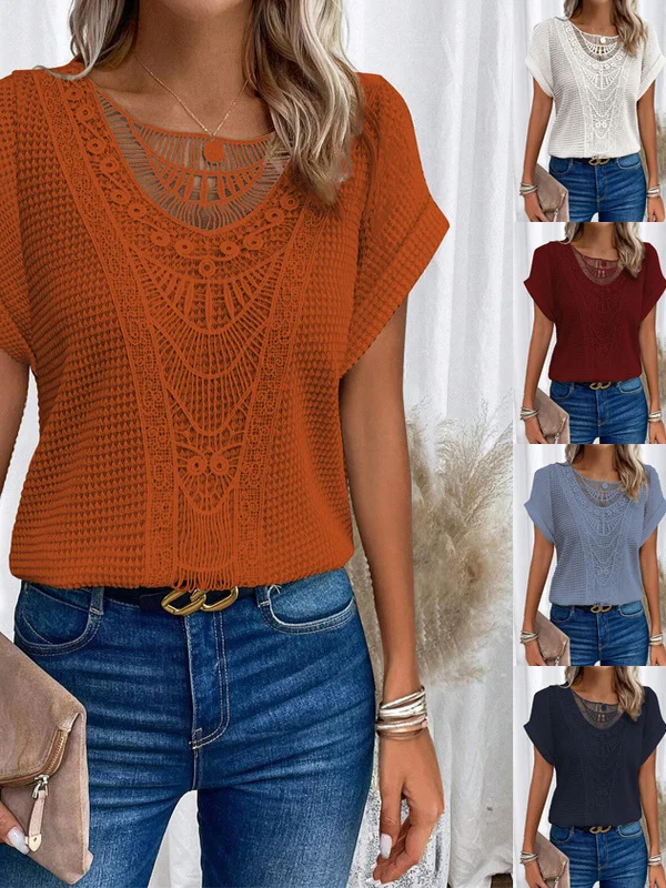 Cseta Fena de Manga Curta em Patchwork com Estampa Floral e Renda Casual Estilo Primavera Verão Tecido Poliéster Refor...