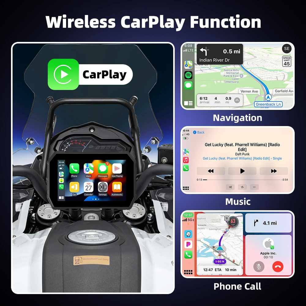 EKIY 5 inch Wireless Android Auto Apple Carplay Motorcycle Display Screen GPS Navigation Waterproof IPX67 Monitor Support TPMS