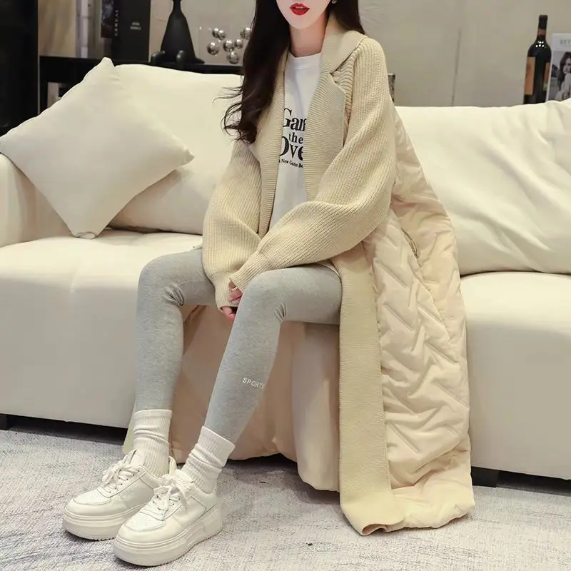 2024 Autumn/Winter New Women\'s Oversized Knitted Cardigan Sweater Loose Splicing Cotton Jacket