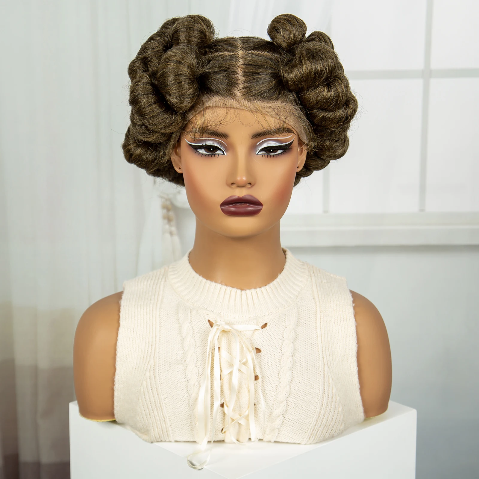 Bantu Braided Wigs Synthetic Transparent Full Lace Braided Lace Wigs Ginger Orange Color Short Cute Handmade Knotless Braids Wig
