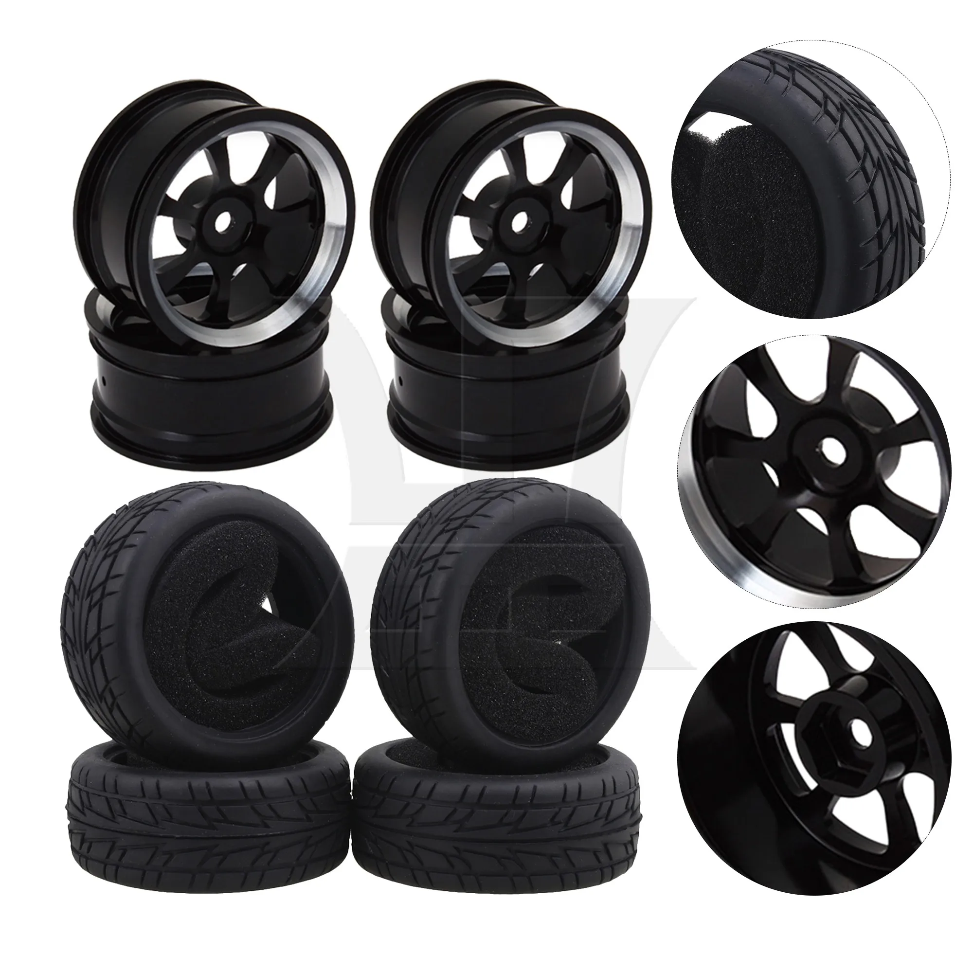 4 Pcs RC1:10 Al. Wheels Rims 7-Spoke 12mm w/ Rubber Tires for On Road