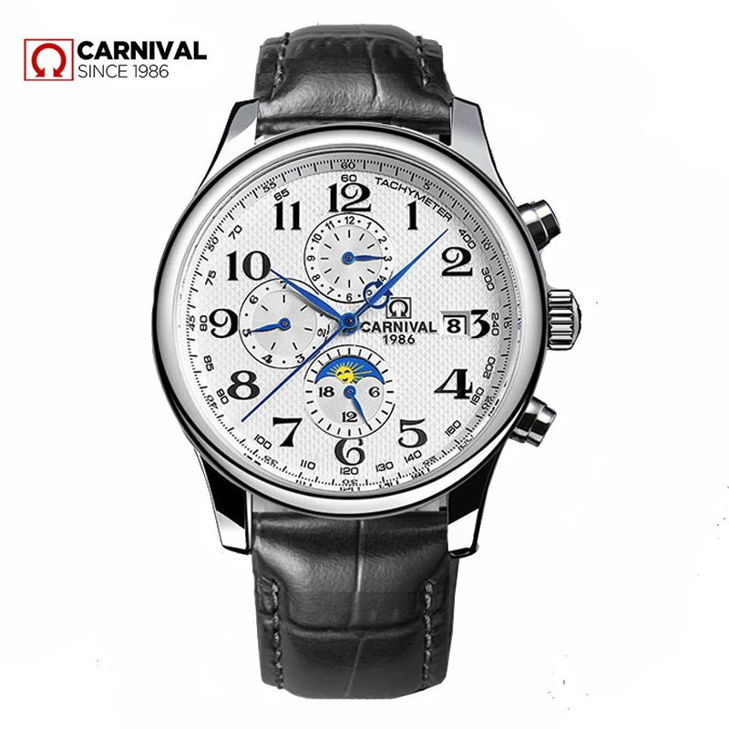 CARNIVAL Moon Phase Date Men\'s Watches Luxury Brand Automatic Mechanical Watch Men Business Leather Clock Reloj Hombre