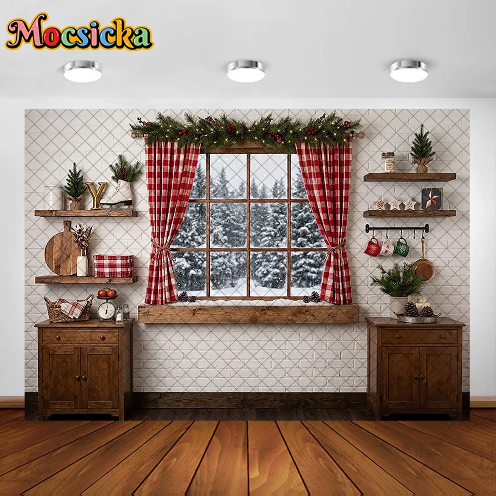 Mocsicka 3D Corner Room Photography Backdrop White Brick Wall Fireplace Plaid Rug Decoration Kid Xmas Party Portrait Studio Prop