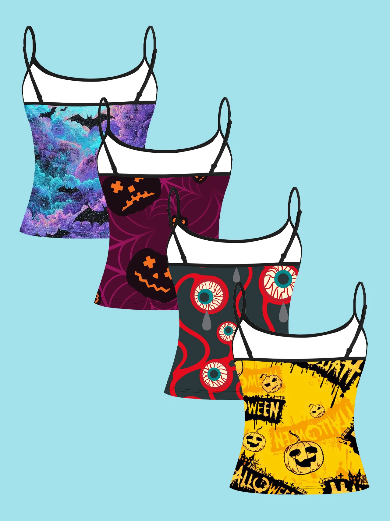 4-Piece Set of Halloween Colorful Starry Sky Bat Pumpkin Eyeball Women's Camisoles, Dark Graffiti Style Printed Slim-Fit Spaghetti Strap Short Camisole Tops