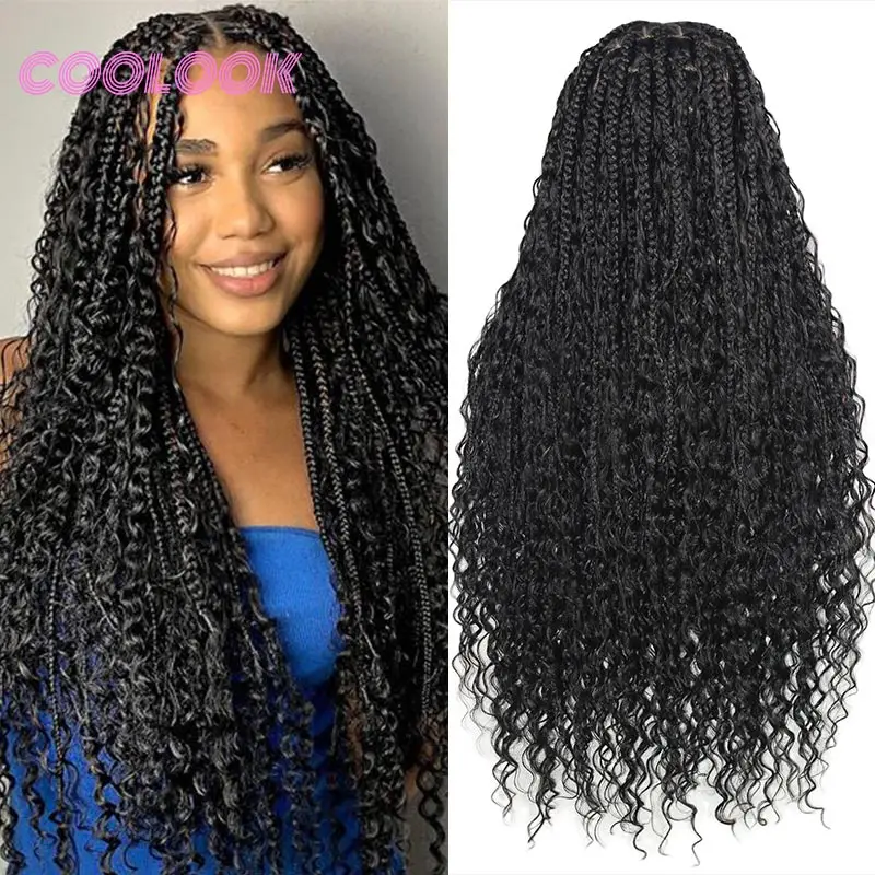 Synthetic 32 Inches Long Boho Braided Wigs Full Lace Knotless Box Braiding Wig with Curly Lace Frontal  Goddess Locs Cornrow Wig