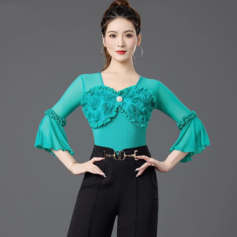 Mono de media manga con flores, Top de baile latino, ropa para mujer, trajes de baile modernos estándar nacional Chacha Rumba Tango DQL11548