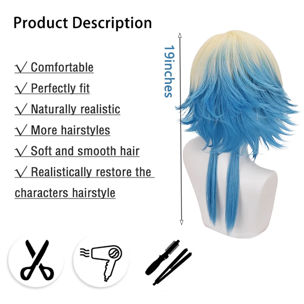 Michael Kaiser Cosplay Wig Blue Blonde Ombre Short Wig With Ponytail Heat Resistant Synthetic Hair Unisex For Anime Halloween view 2