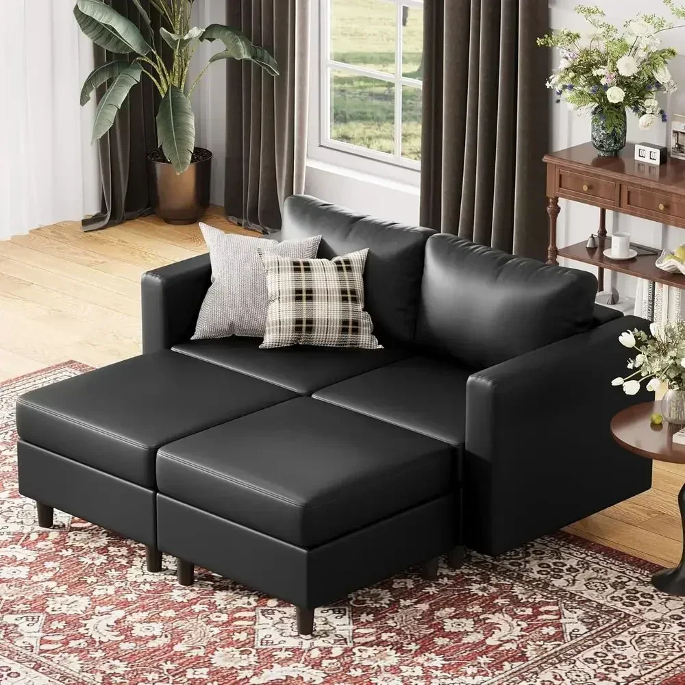 64.6 Leather Loveseat Sleeper Sofa Bed with Storage, Deep Sectional Couch, Reversible Chaise, 2-Seat, Suitable for Living Room o