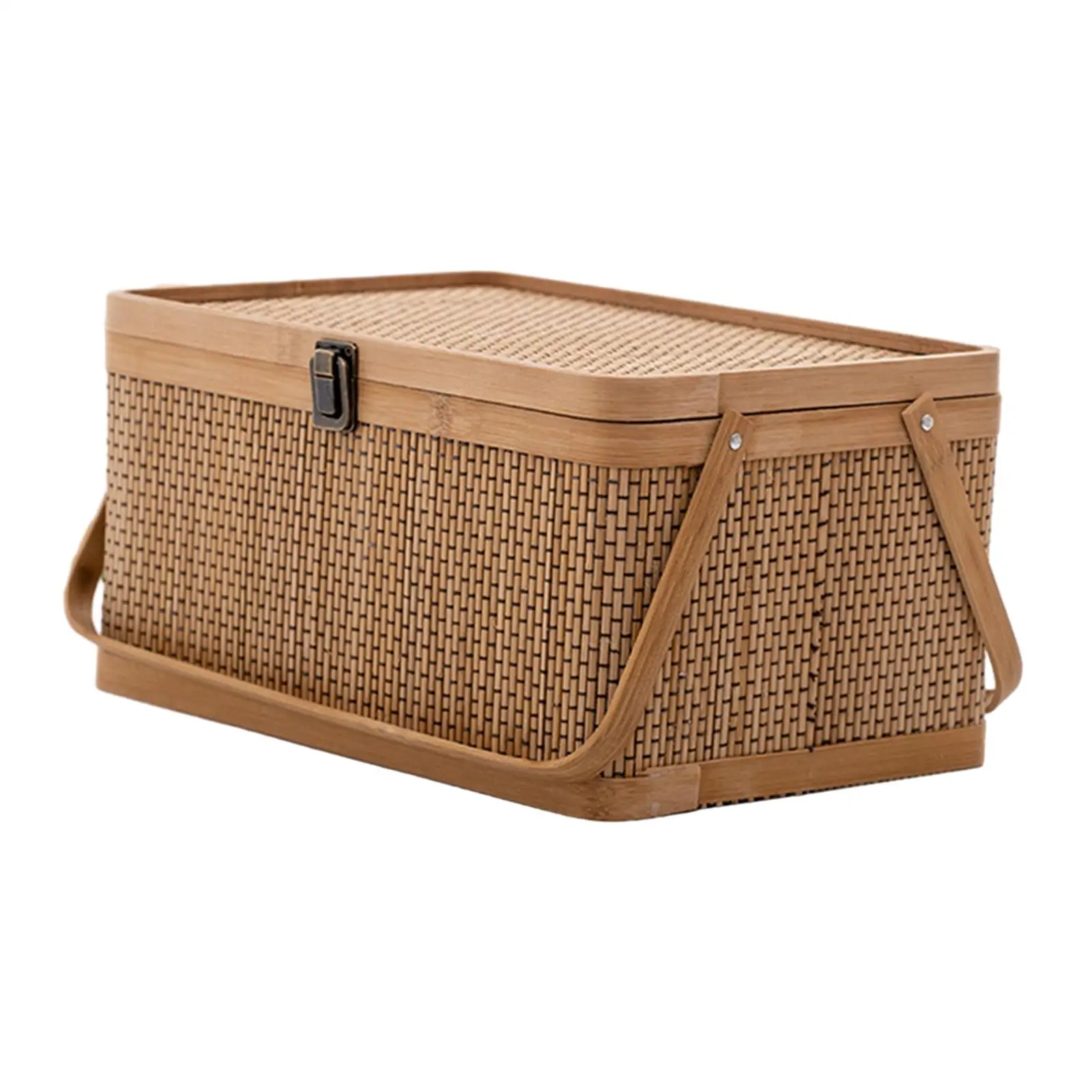 Picnic Basket Egg Container Lockable Lid with Handles Gift Basket Bamboo Woven Basket for Tea Mooncake Pastry Snacks Picnic