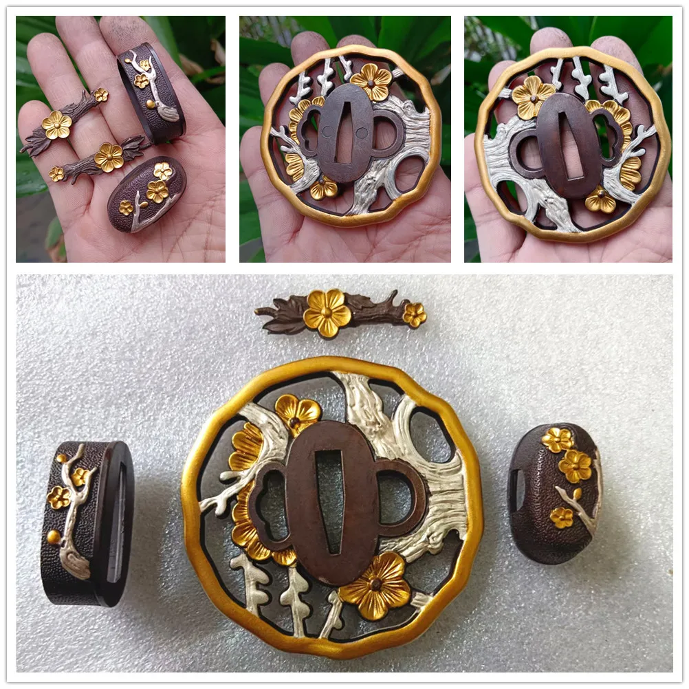 

A Suit Of Plant flowers Copper Guard Tsuba Fuchi Kashira for Japanese Samurai Sword Katana Tsuba Fittings