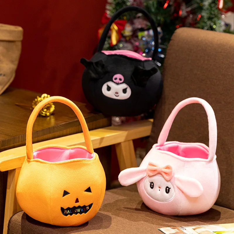 Anime Cartoon My Melody Kuromi Halloween Pumpkin Candy Basket Kawaii Plush Large Capacity Handbag Cute Decoration Props